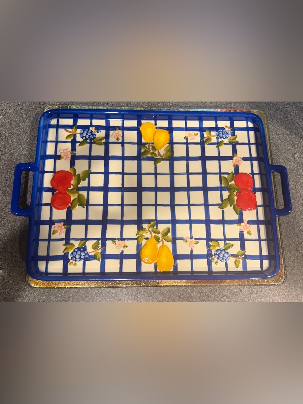 Temp-Tations Blue Grid Ceramic Serving Tray with Fruit Motif